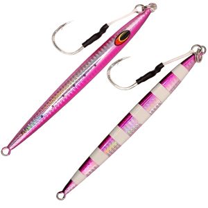 Fishman Attack Slow Jig in Pink Glow Pilchard (100g, 150g, 200g) for a realistic fluttering swimming motion with minimal effort.