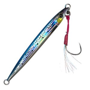Fishman Stiletto Slow Jig Lure in Blue Anchovy color and available in 60g, 80g, or 120g, featuring a sleek, aerodynamic profile for darting and shimmering action.