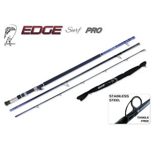 Assassin Edge Surf Pro high-performance carbon surf rod featuring stainless-steel tangle-free guides and the integrated Bionic Finger casting trigger for shore-based angling.